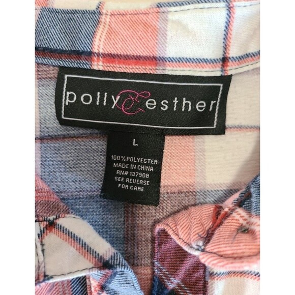 Polly Esther Plaid Shirt L – Red Blue Check, Short Sleeve Button-Up - Picture 6 of 6